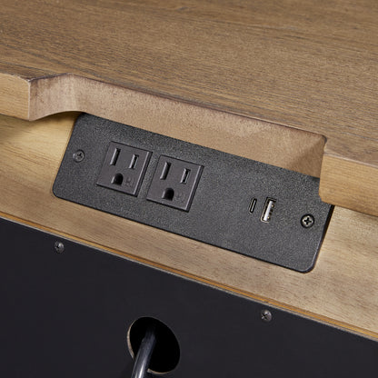 Light Brown Solid Wood Sideboard with USB Ports