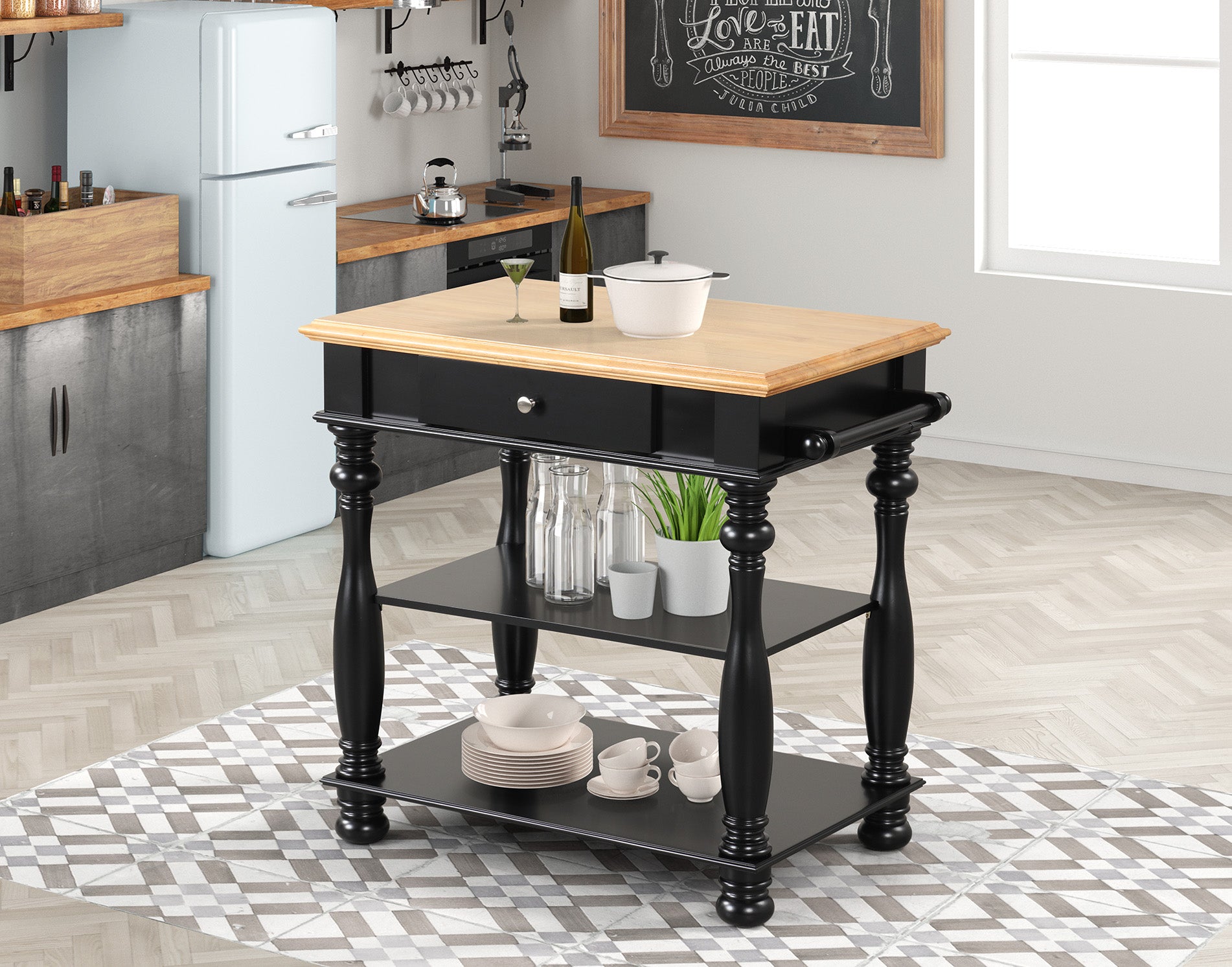 Black Kitchen Island - Solid Wood MDF Storage Cart