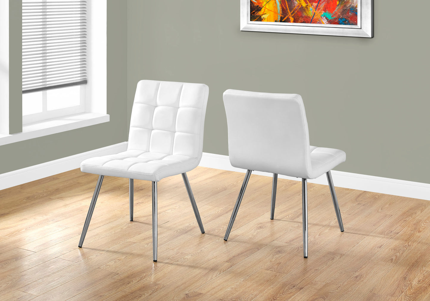 Dining Chair, Set Of 2, Side, Upholstered, Kitchen, Dining Room, White Leather Look, Chrome Metal, Contemporary, Modern