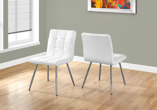 Dining Chair, Set Of 2, Side, Upholstered, Kitchen, Dining Room, White Leather Look, Chrome Metal, Contemporary, Modern