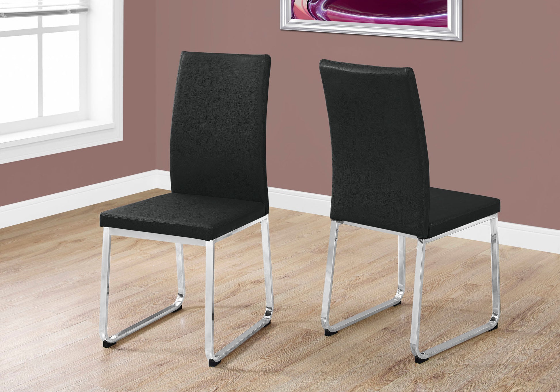 Dining Chair, Set Of 2, Side, Upholstered, Kitchen, Dining Room, Black Leather Look, Chrome Metal, Contemporary, Modern