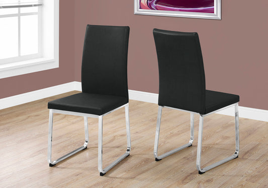 Dining Chair, Set Of 2, Side, Upholstered, Kitchen, Dining Room, Black Leather Look, Chrome Metal, Contemporary, Modern
