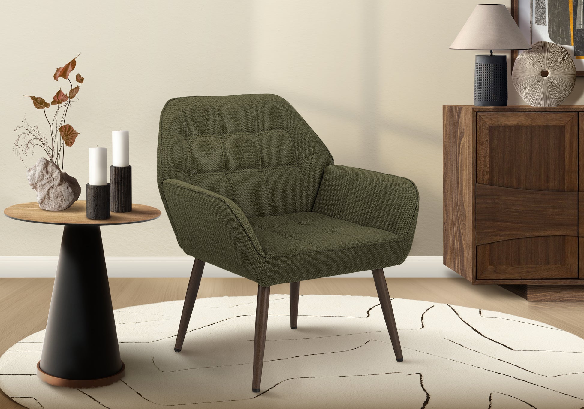 Accent Chair, 29"h, Upholstered, Living Room, Dark Green Fabric, Walnut Metal Legs, Contemporary, Modern