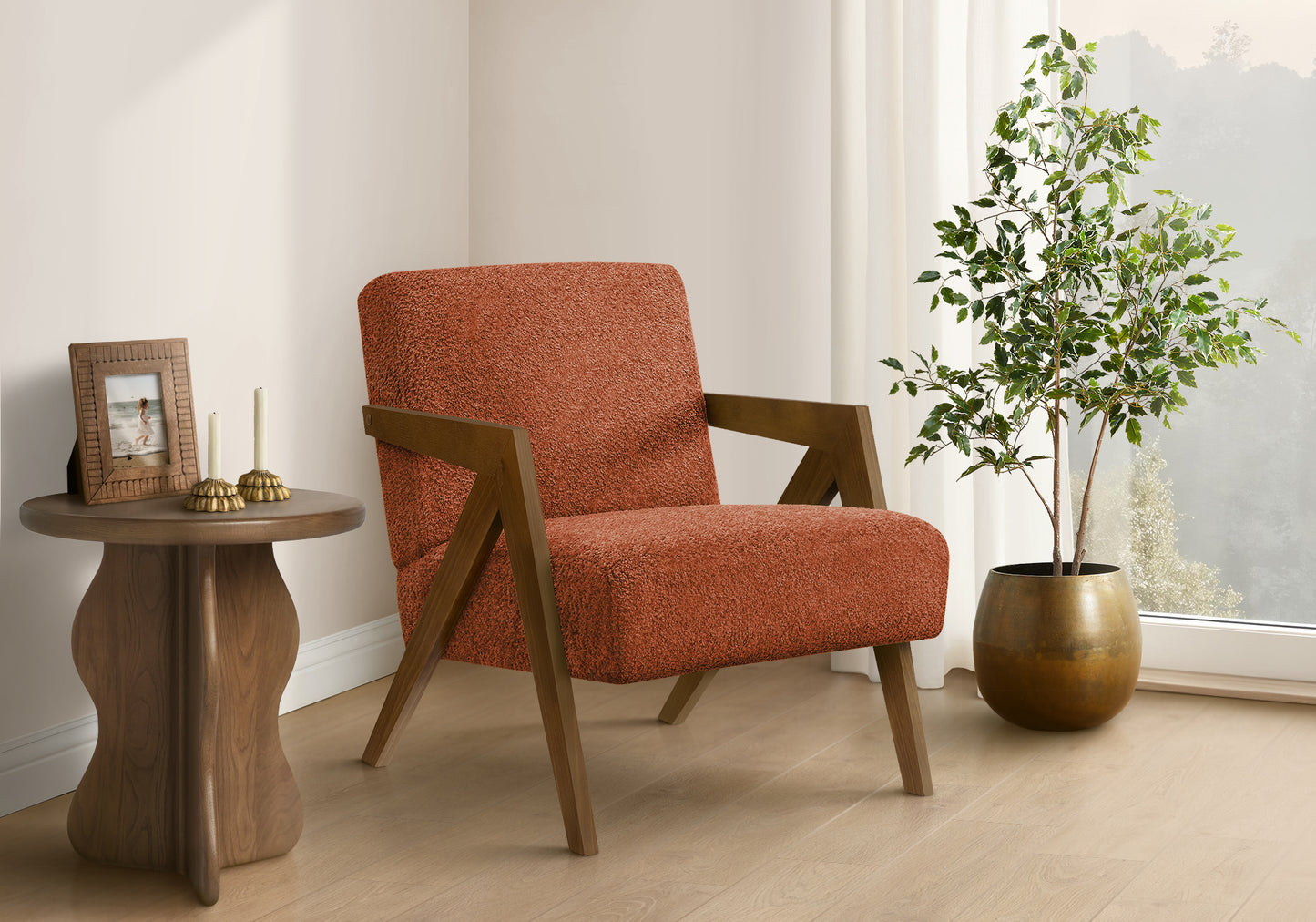 Accent Chair, 30"h, Upholstered, Living Room, Bedroom, Red Fabric, Brown Walnut Solid Wood, Modern, Mid Century
