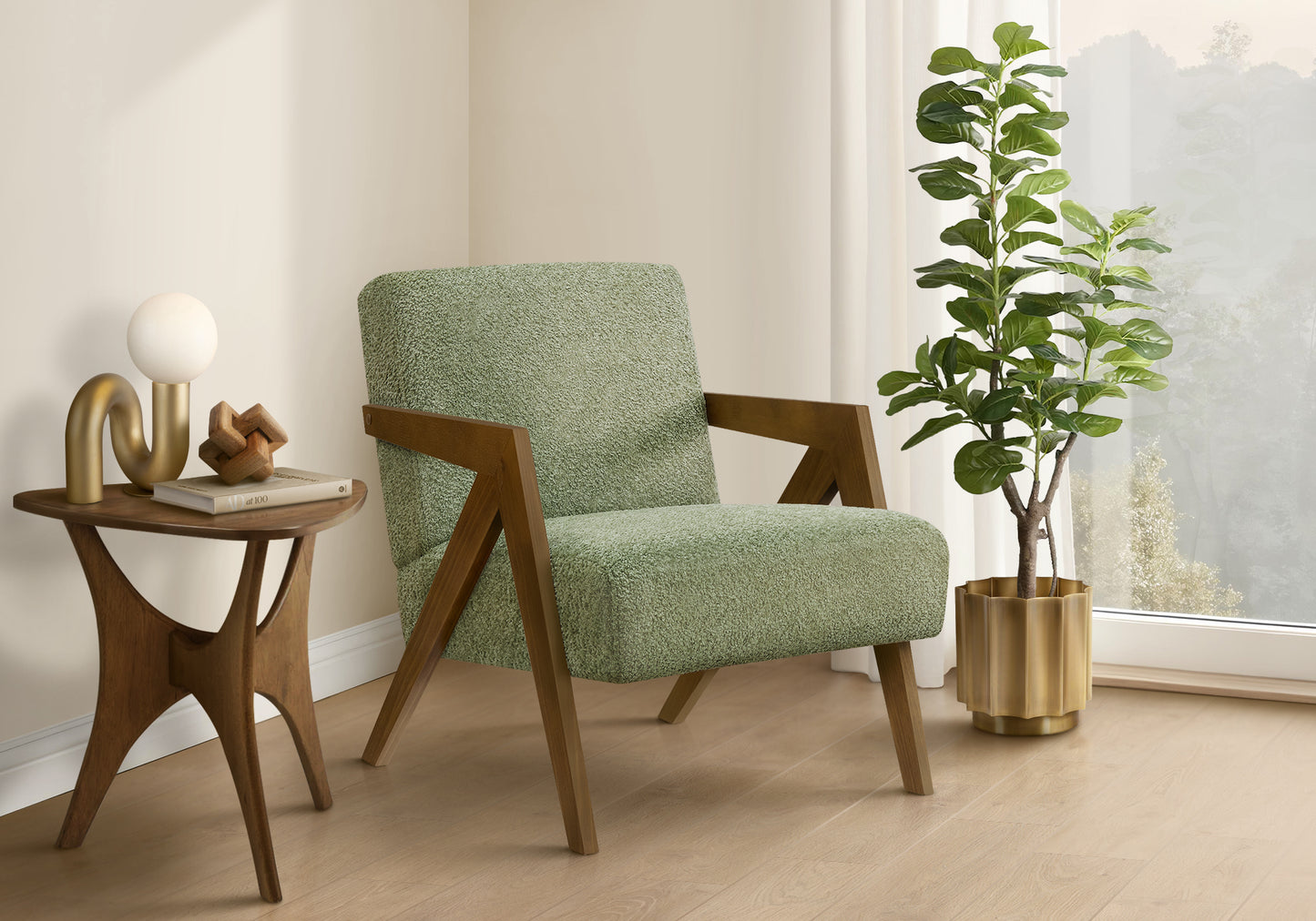 Accent Chair, 30"h, Upholstered, Living Room, Bedroom, Green Fabric, Brown Walnut Solid Wood, Modern, Mid Century