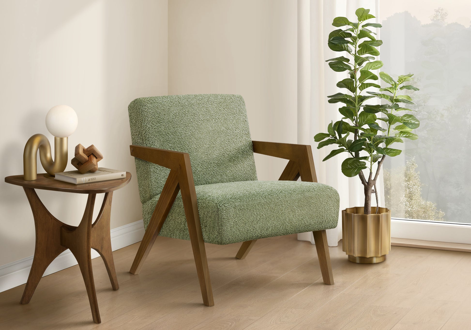 Accent Chair, 30"h, Upholstered, Living Room, Bedroom, Green Fabric, Brown Walnut Solid Wood, Modern, Mid Century