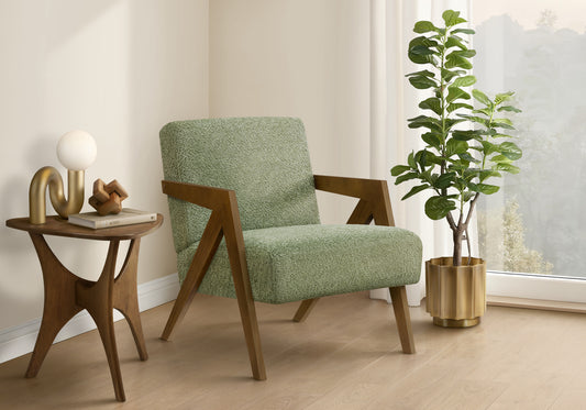 Accent Chair, 30"h, Upholstered, Living Room, Bedroom, Green Fabric, Brown Walnut Solid Wood, Modern, Mid Century