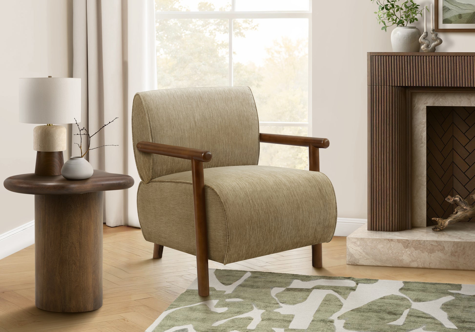 Accent Chair, 31"h, Upholstered, Living Room, Bedroom, Light Brown Fabric, Brown Walnut Solid Wood, Modern, Mid Century