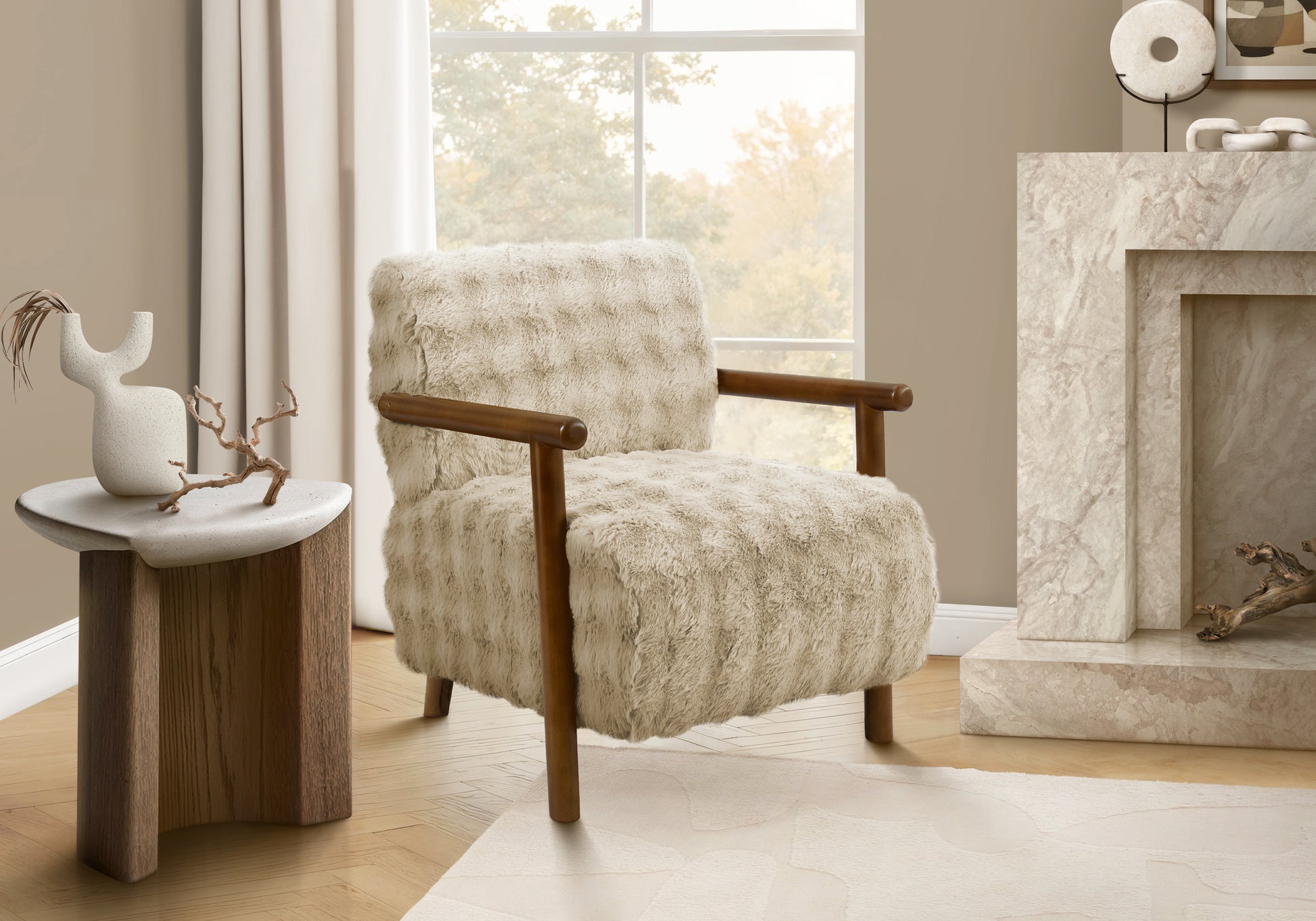 Accent Chair, 31"h, Upholstered, Living Room, Bedroom, Light Brown Fabric, Brown Walnut Solid Wood, Modern, Mid Century