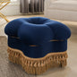 Ellen Upholstered Clover Ottoman with Gold Bullion Fringe, Navy Blue Velvet
