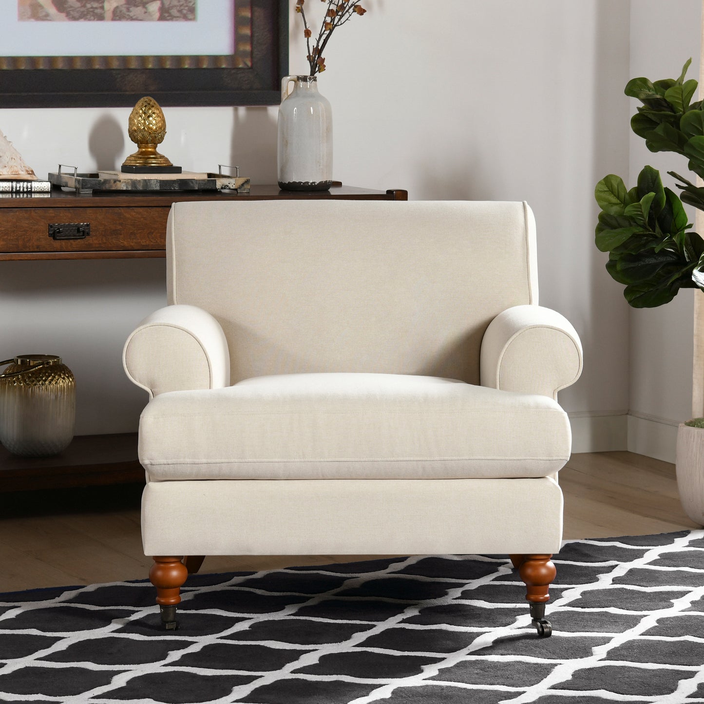Alana 38" Lawson Accent Arm Chair Metal Casters, Sky Neutral Beige Polyester