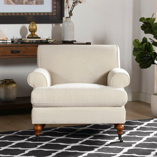 Alana 38" Lawson Accent Arm Chair Metal Casters, Sky Neutral Beige Polyester