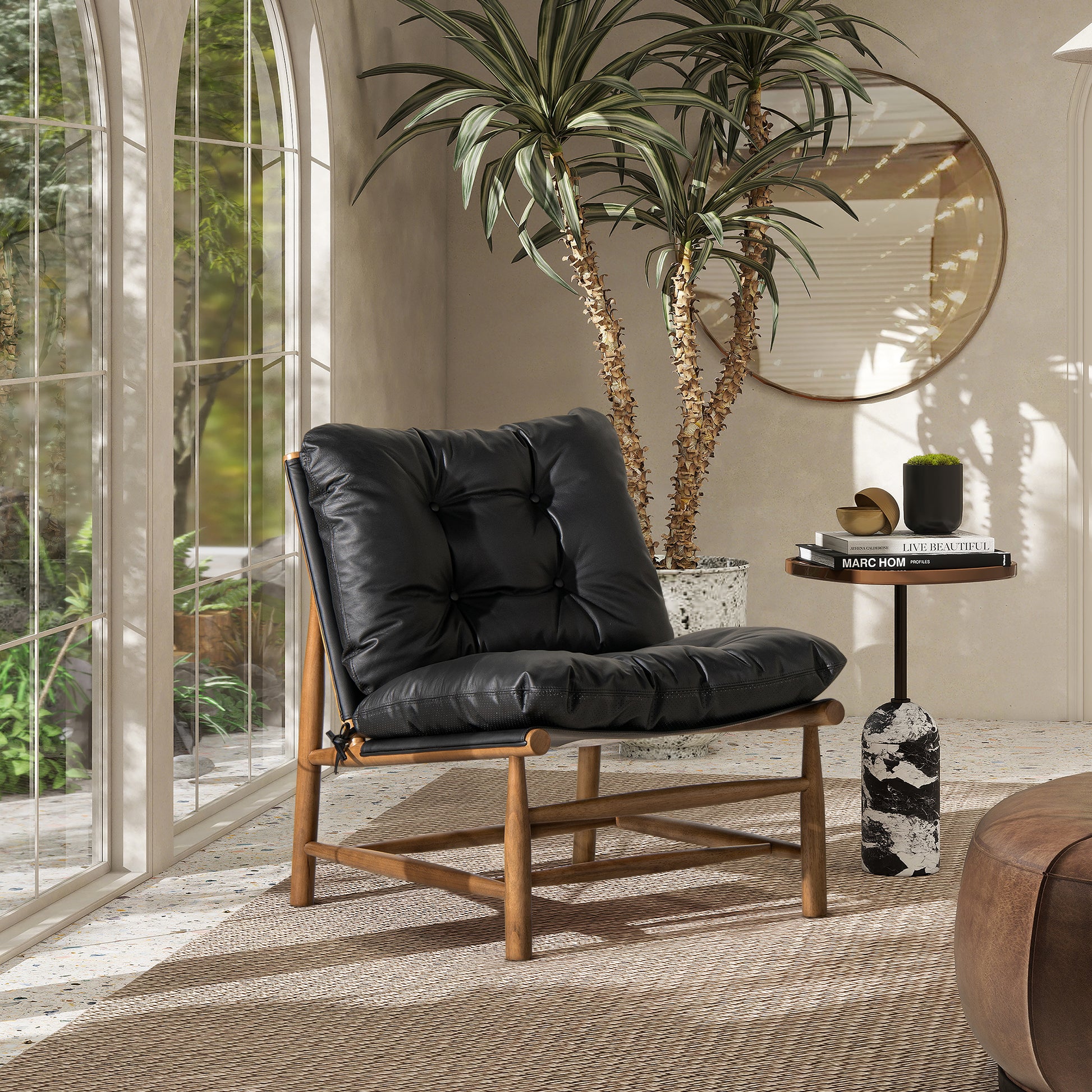 Oxford 26.5" Leather Mid-Century Modern Accent Chair, Noir Black Leather