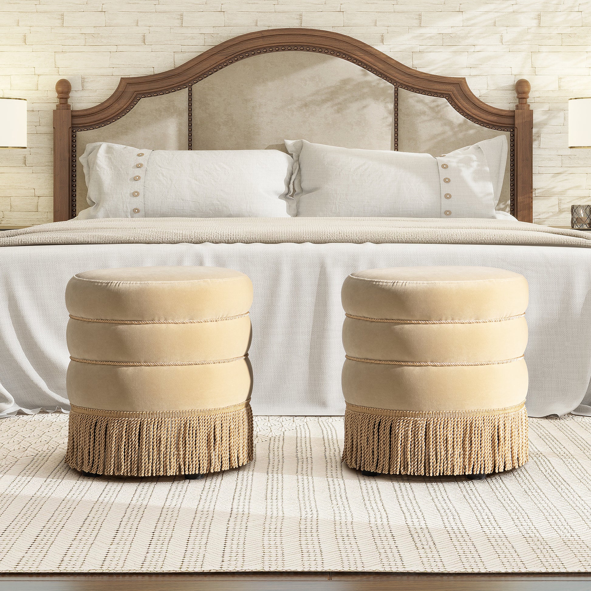 Edward 17.5" Round Upholstered Ottoman with Bullion Fringe Fawn Brown Performance Velvet