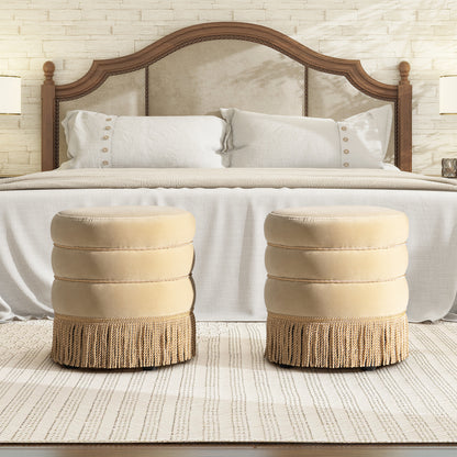 Edward 17.5" Round Upholstered Ottoman with Bullion Fringe Fawn Brown Performance Velvet