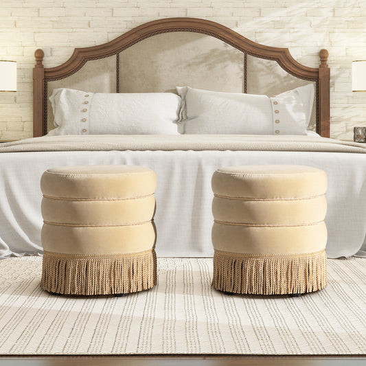 Edward 17.5" Round Upholstered Ottoman with Bullion Fringe Fawn Brown Performance Velvet
