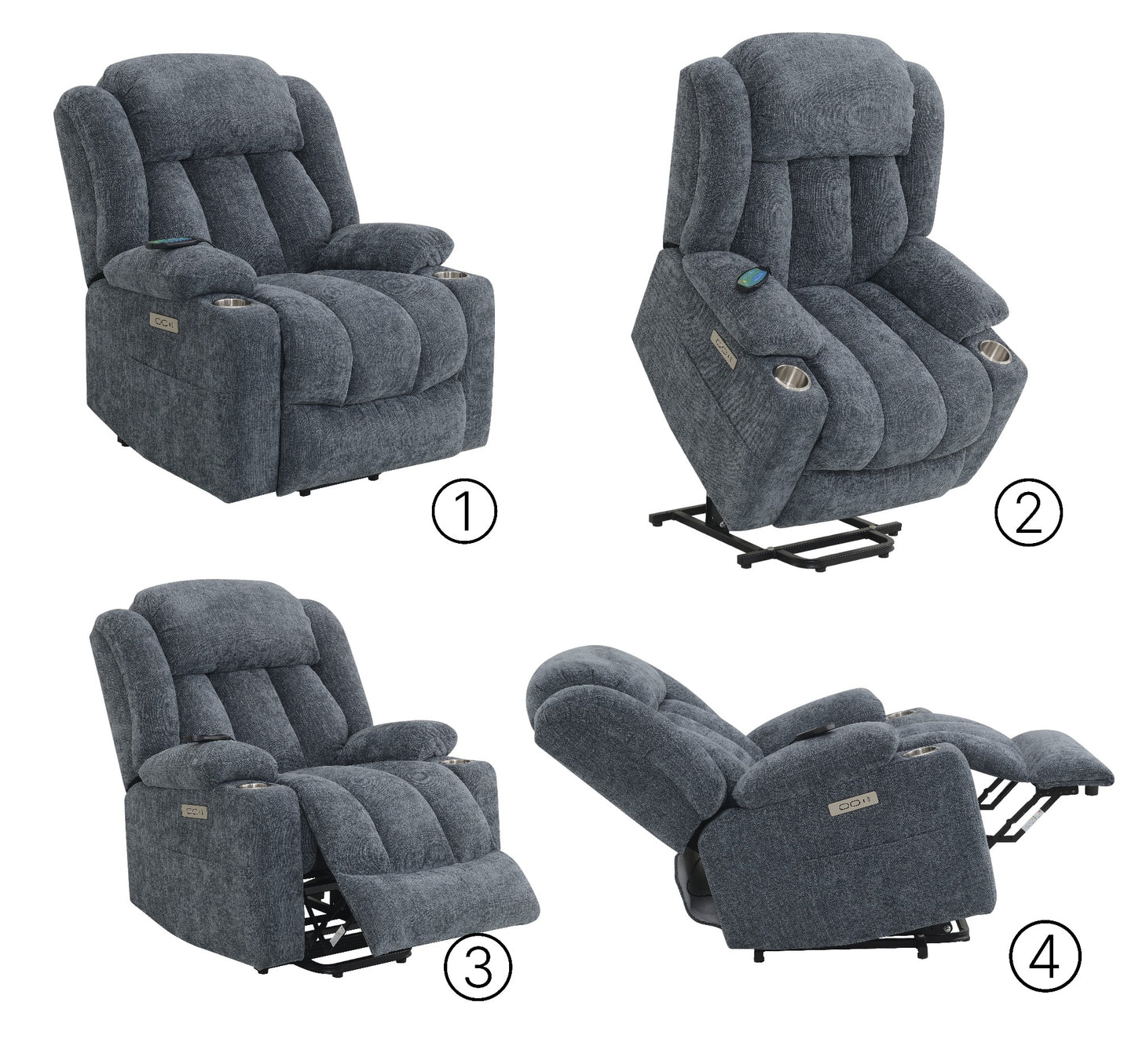 Blue Chenille Power Lift Recliner - Massage & Heat