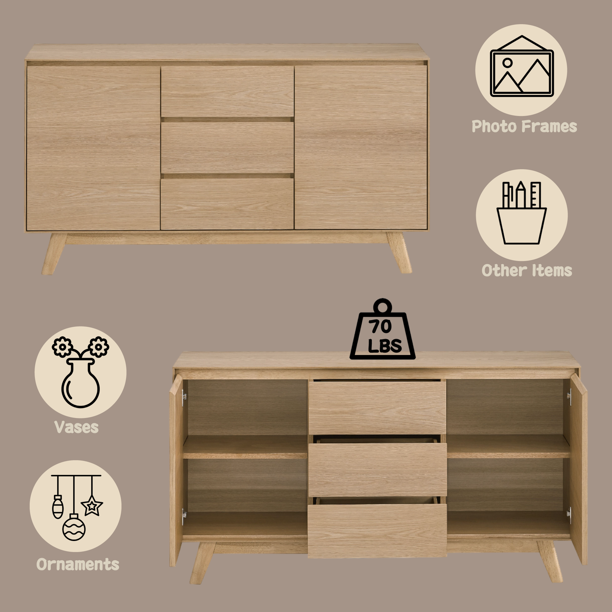 Oak Finish Server with 3/4 Extension Drawer