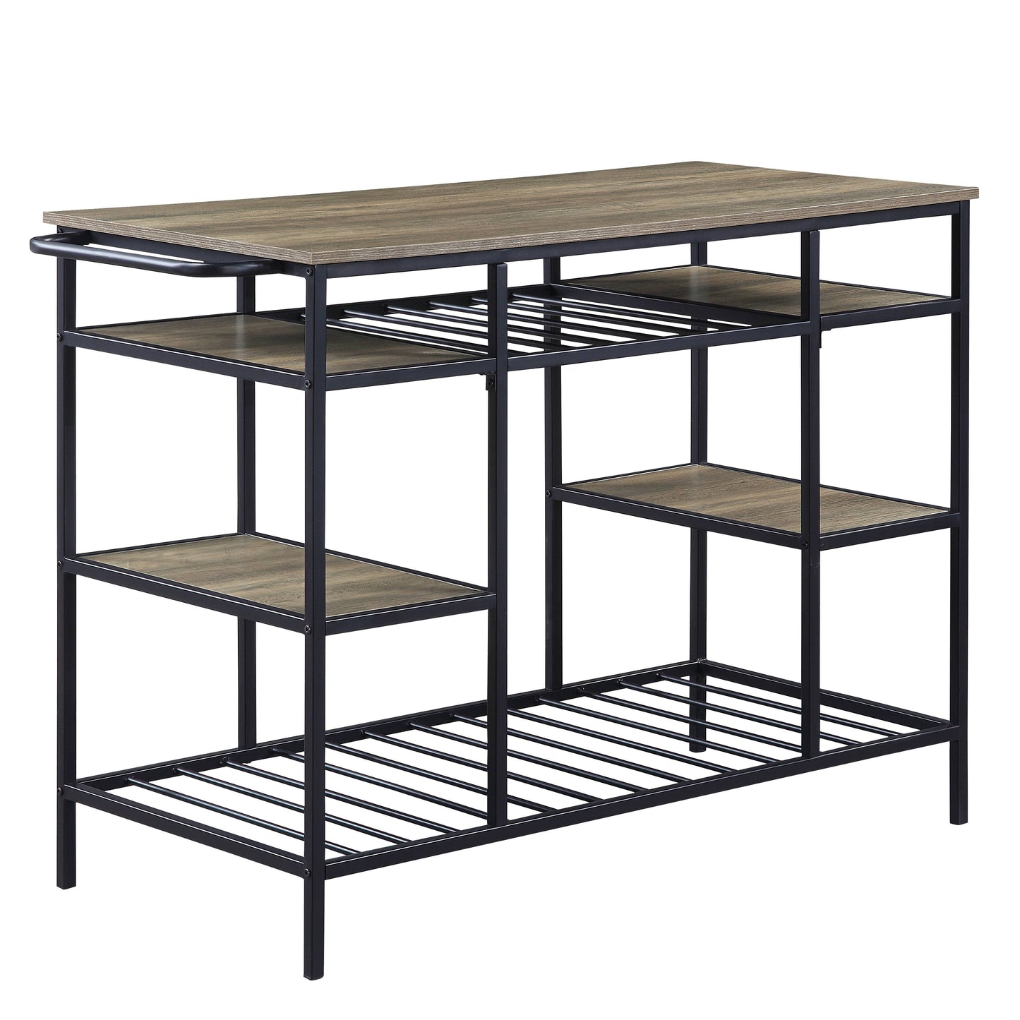 Black Oak Metal Kitchen Island with 6 Storage Compartments