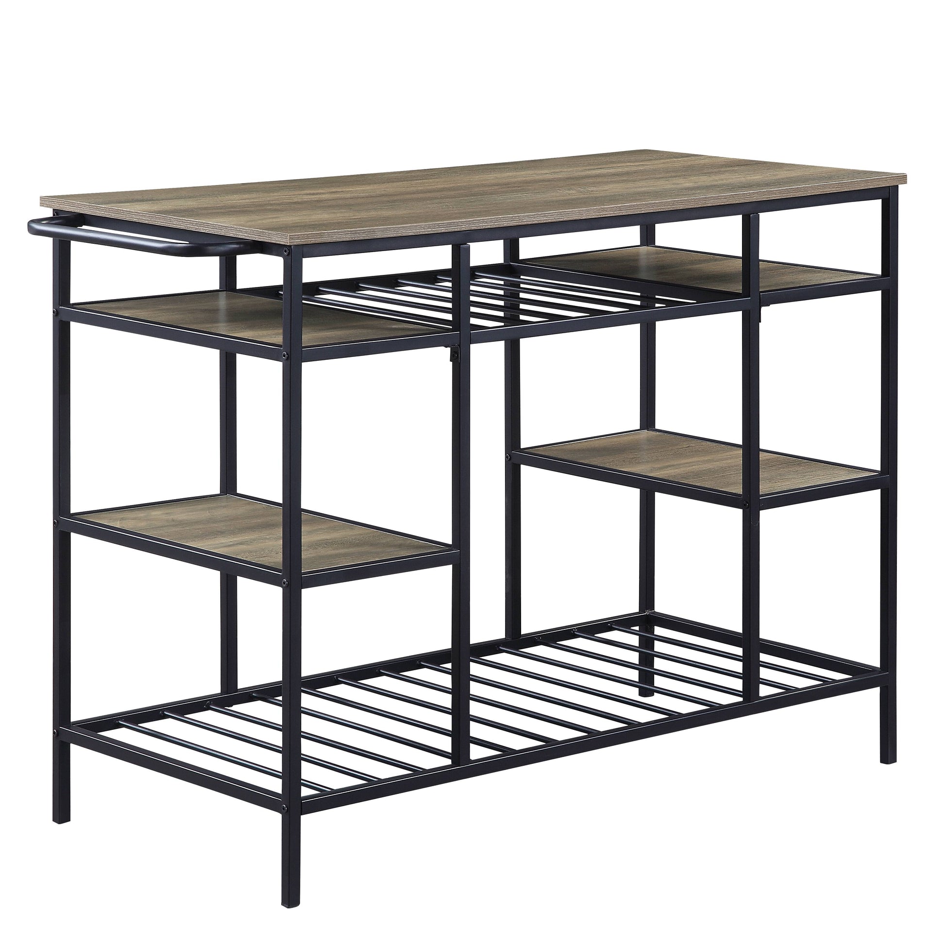 Black Oak Metal Kitchen Island with 6 Storage Compartments