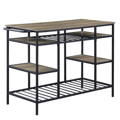 Black Oak Metal Kitchen Island with 6 Storage Compartments