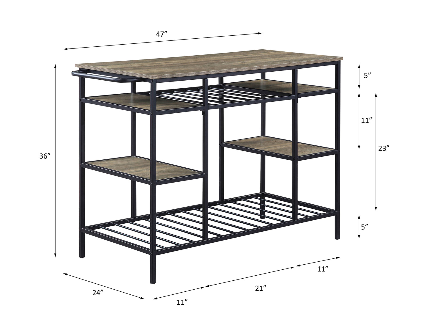 Black Oak Metal Kitchen Island with 6 Storage Compartments