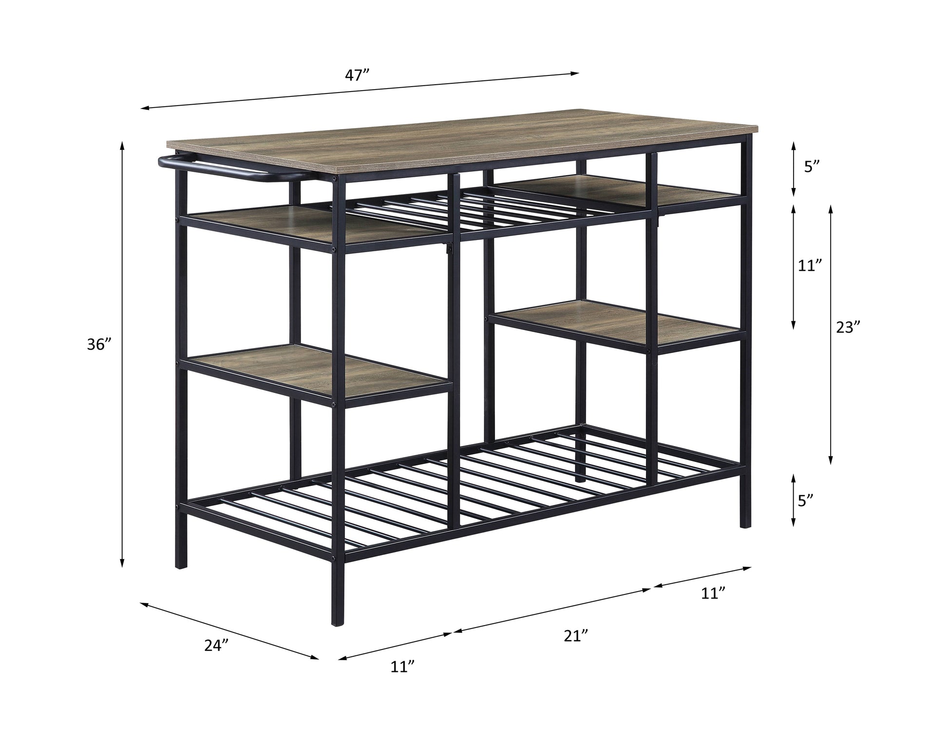 Black Oak Metal Kitchen Island with 6 Storage Compartments