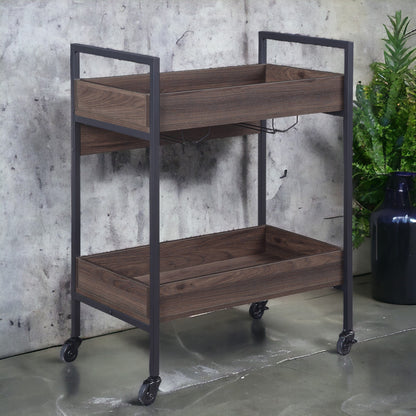 Walnut Black Metal Serving Cart with 2 Tier Kitchen Storage Shelf