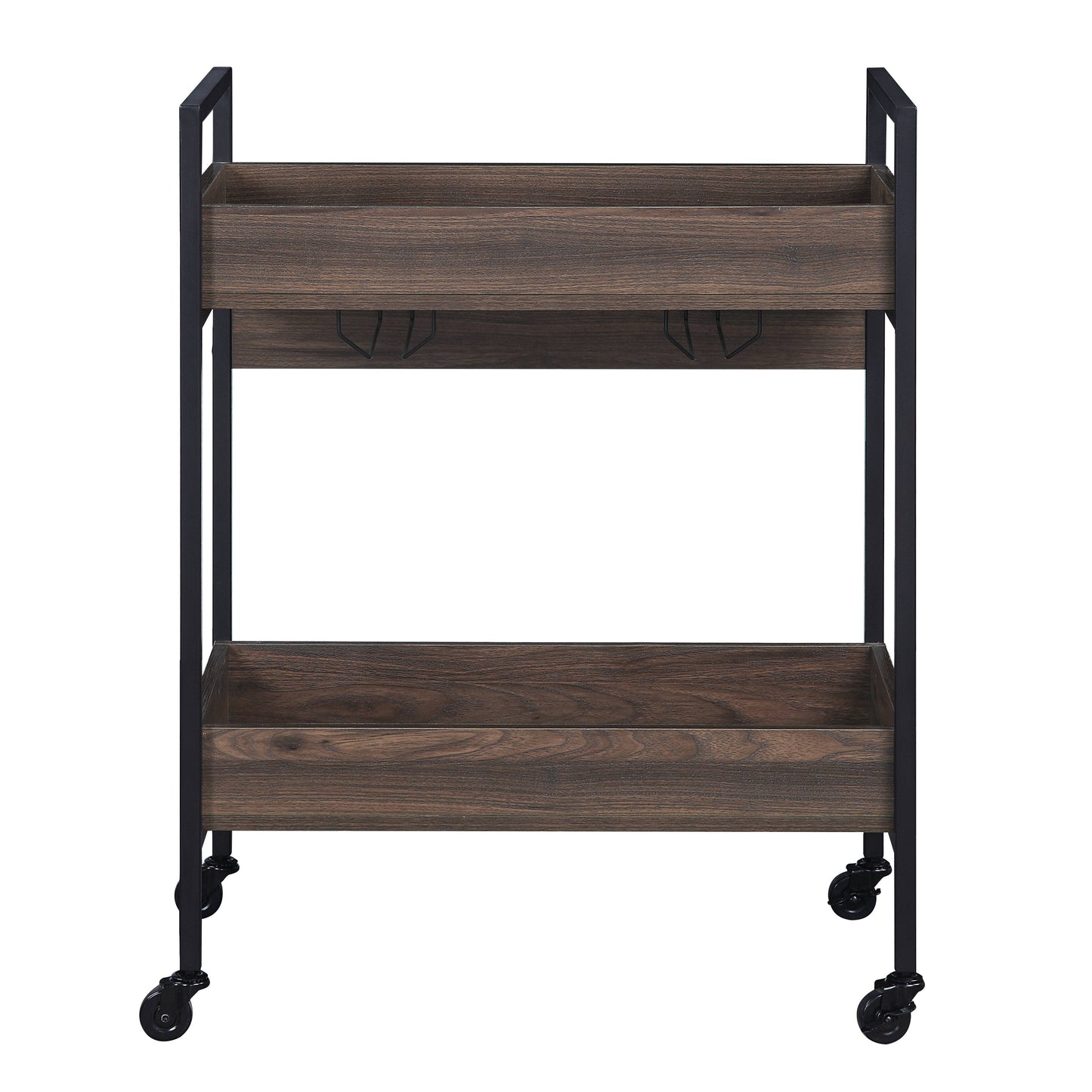 Walnut Black Metal Serving Cart with 2 Tier Kitchen Storage Shelf