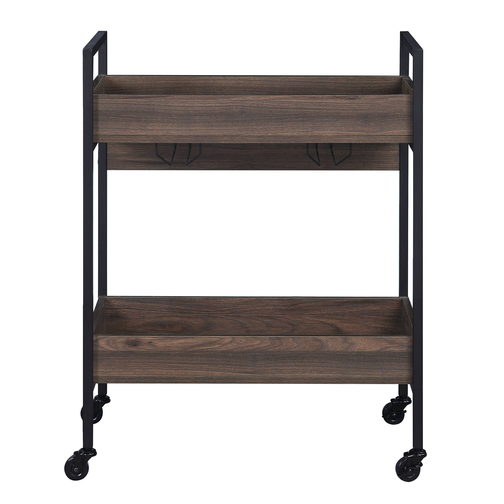 Walnut Black Metal Serving Cart with 2 Tier Kitchen Storage Shelf