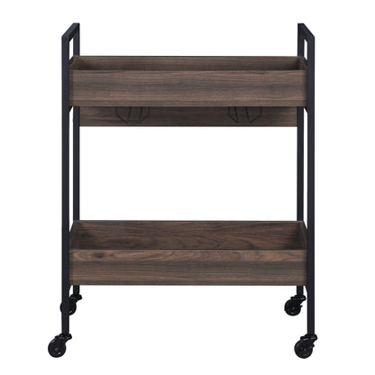 Walnut Black Metal Serving Cart with 2 Tier Kitchen Storage Shelf