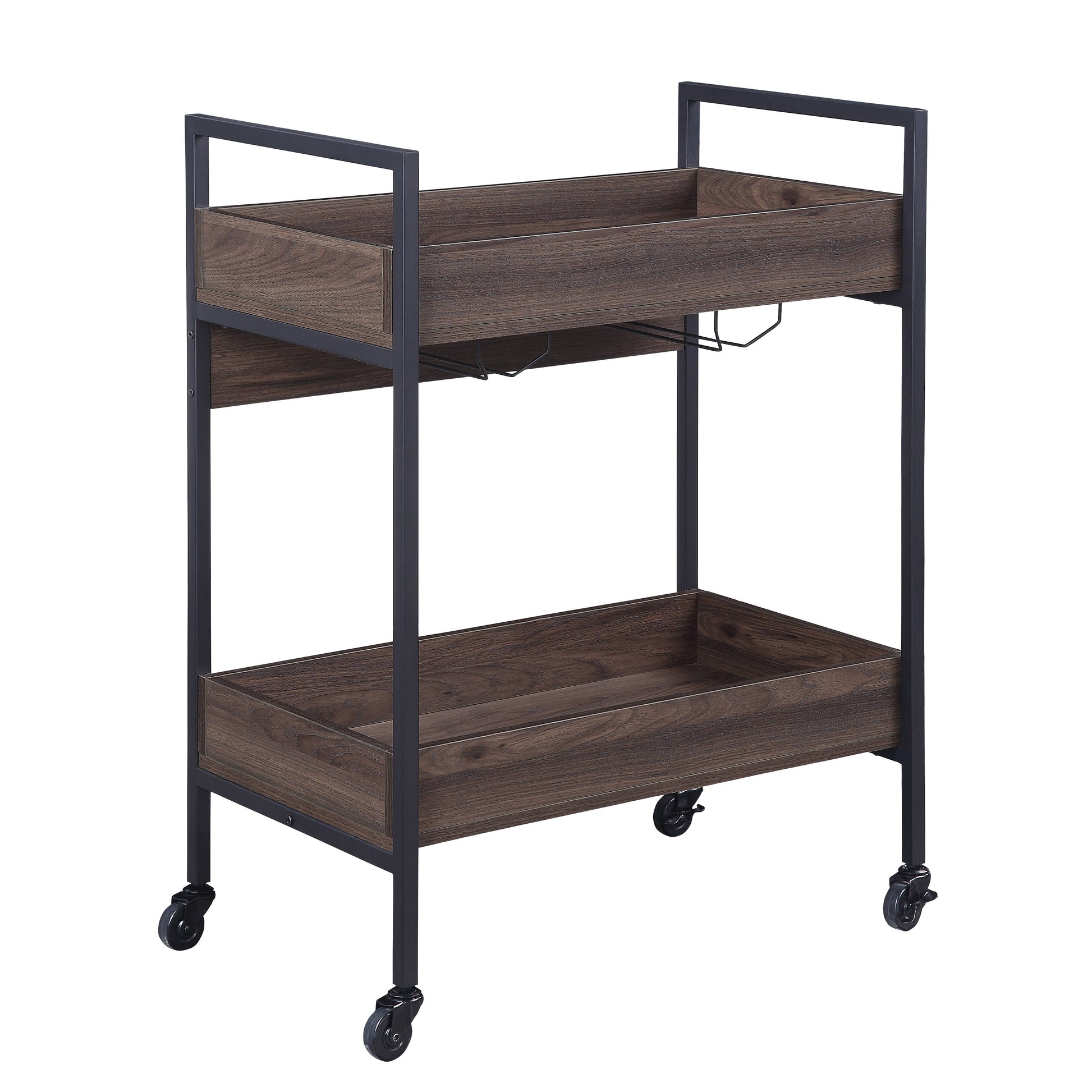 Walnut Black Metal Serving Cart with 2 Tier Kitchen Storage Shelf