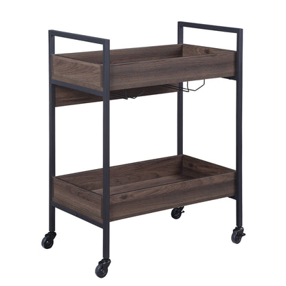 Walnut Black Metal Serving Cart with 2 Tier Kitchen Storage Shelf
