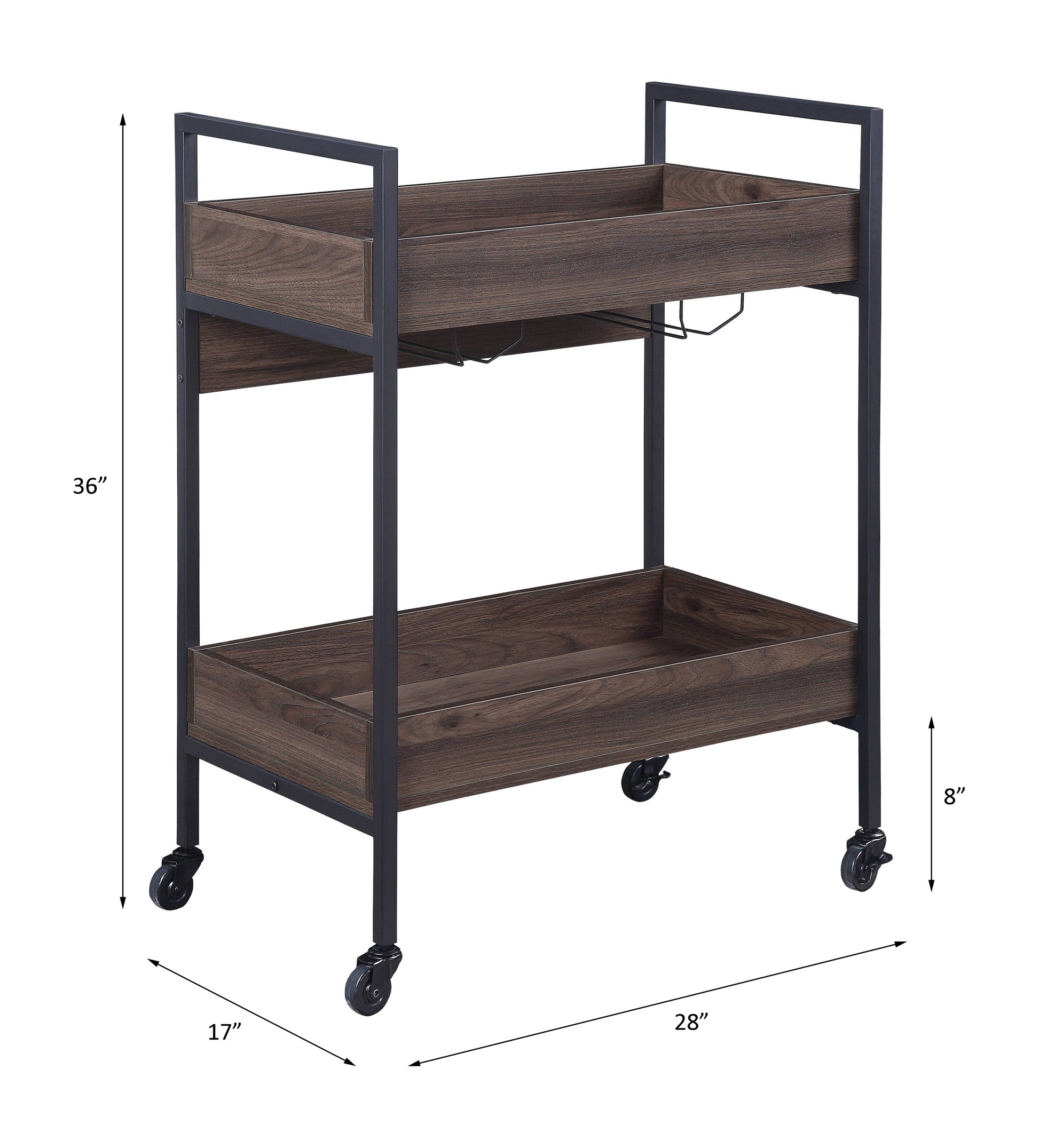 Walnut Black Metal Serving Cart with 2 Tier Kitchen Storage Shelf