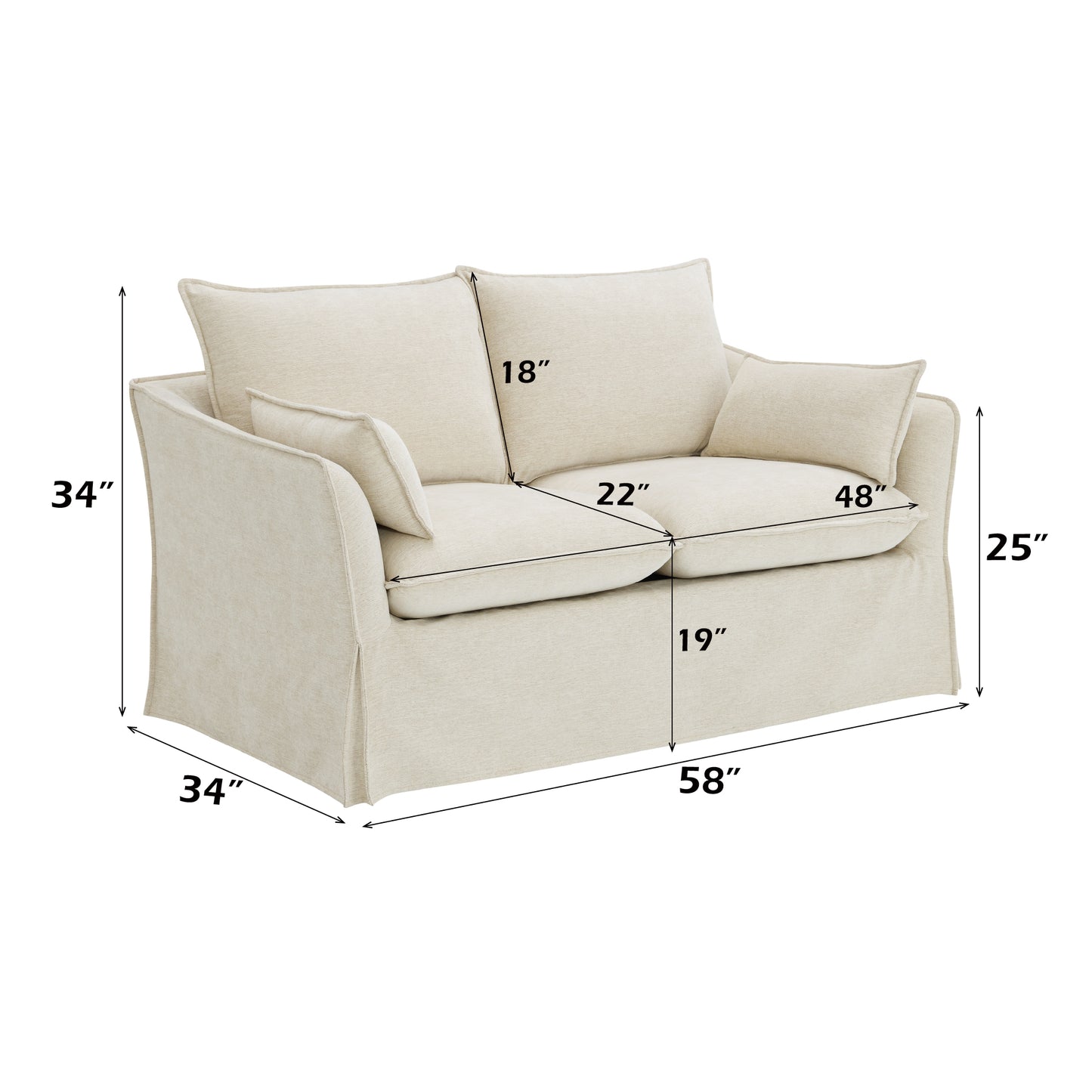 Beige Linen Loveseat with 2 Accent Pillows
