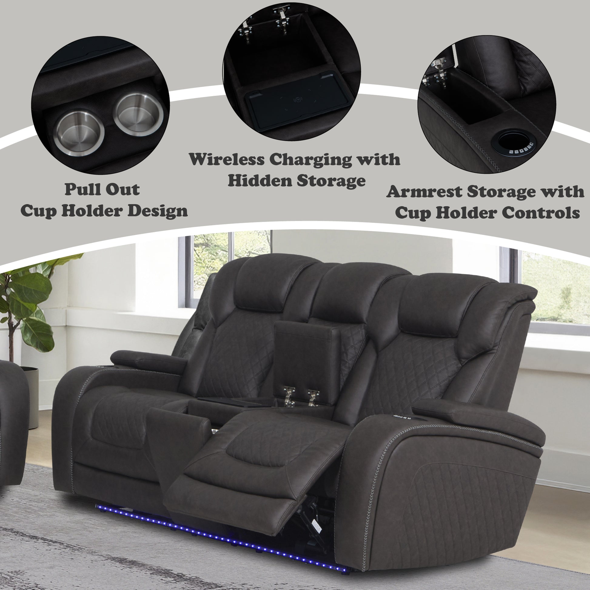 Dark Gray Microfiber Power Recliner Loveseat with Console for Living Room
