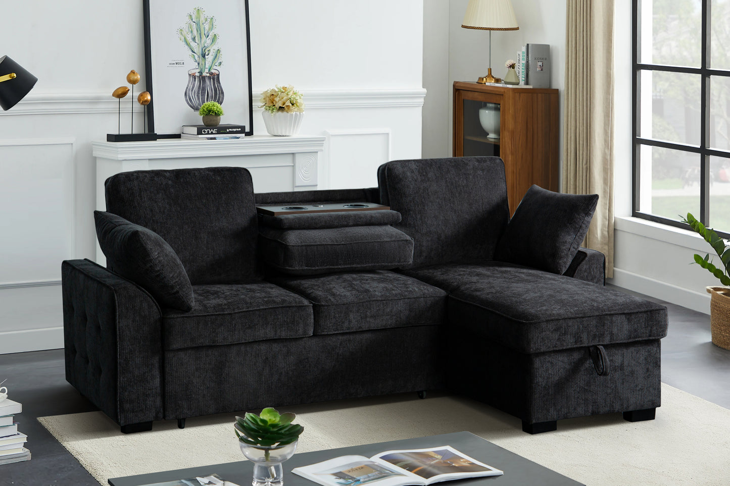 Multi - Functional Sectional Sofa Ensemble Featuring a Removable Cup Holder Tray, Storage - Integrated Chaise and Adjustable Backrests