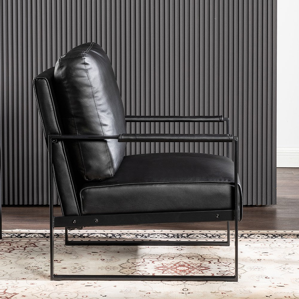 Black Mid Century Accent Chair - PU Leather Armchair for Living Room