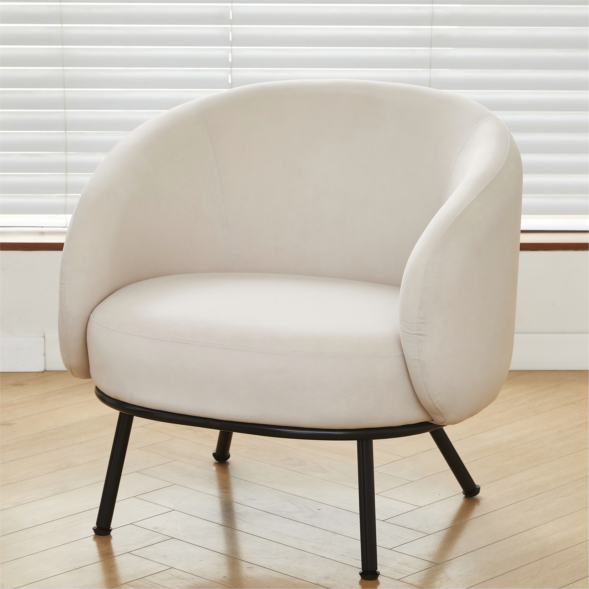 Mid-Century Modern Velvet Accent Chair, Upholstered Barrel Armchair with Metal Legs, Comfy Single Sofa Chair for Living Room Bedroom