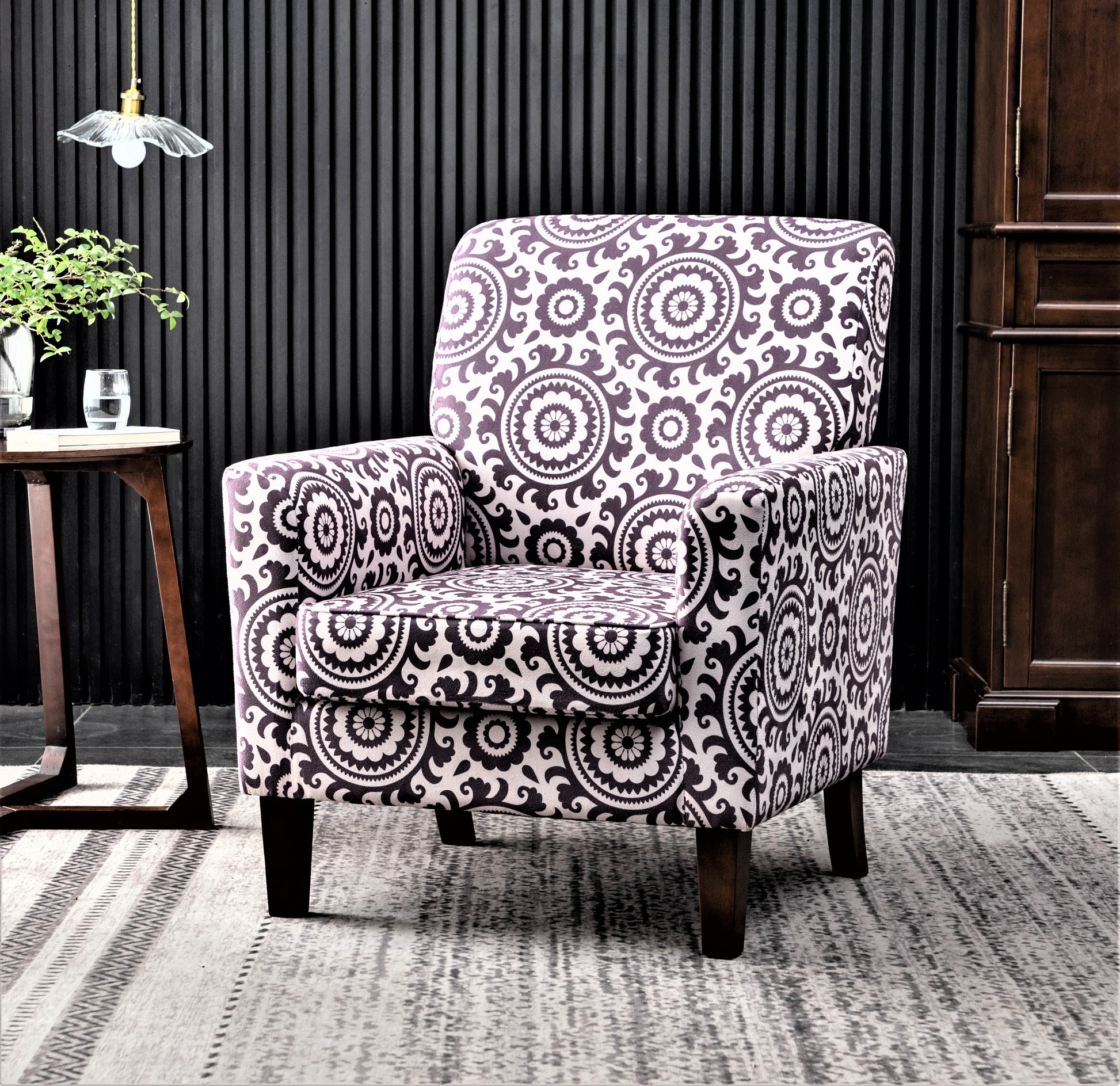 Patterned Polyester Blend Armchair, Solid Birch Wood Frame with Brown Tapered Legs, Foam Padded Accent Chair with Trim Detail for Living Room Office