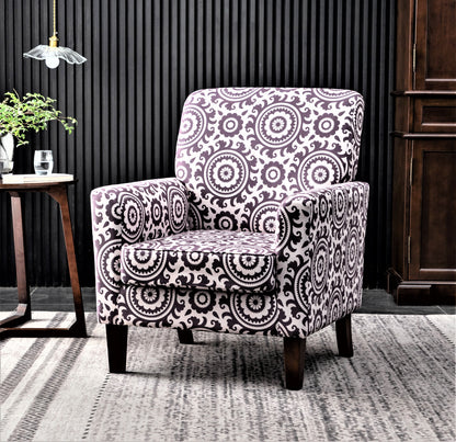 Patterned Polyester Blend Armchair, Solid Birch Wood Frame with Brown Tapered Legs, Foam Padded Accent Chair with Trim Detail for Living Room Office