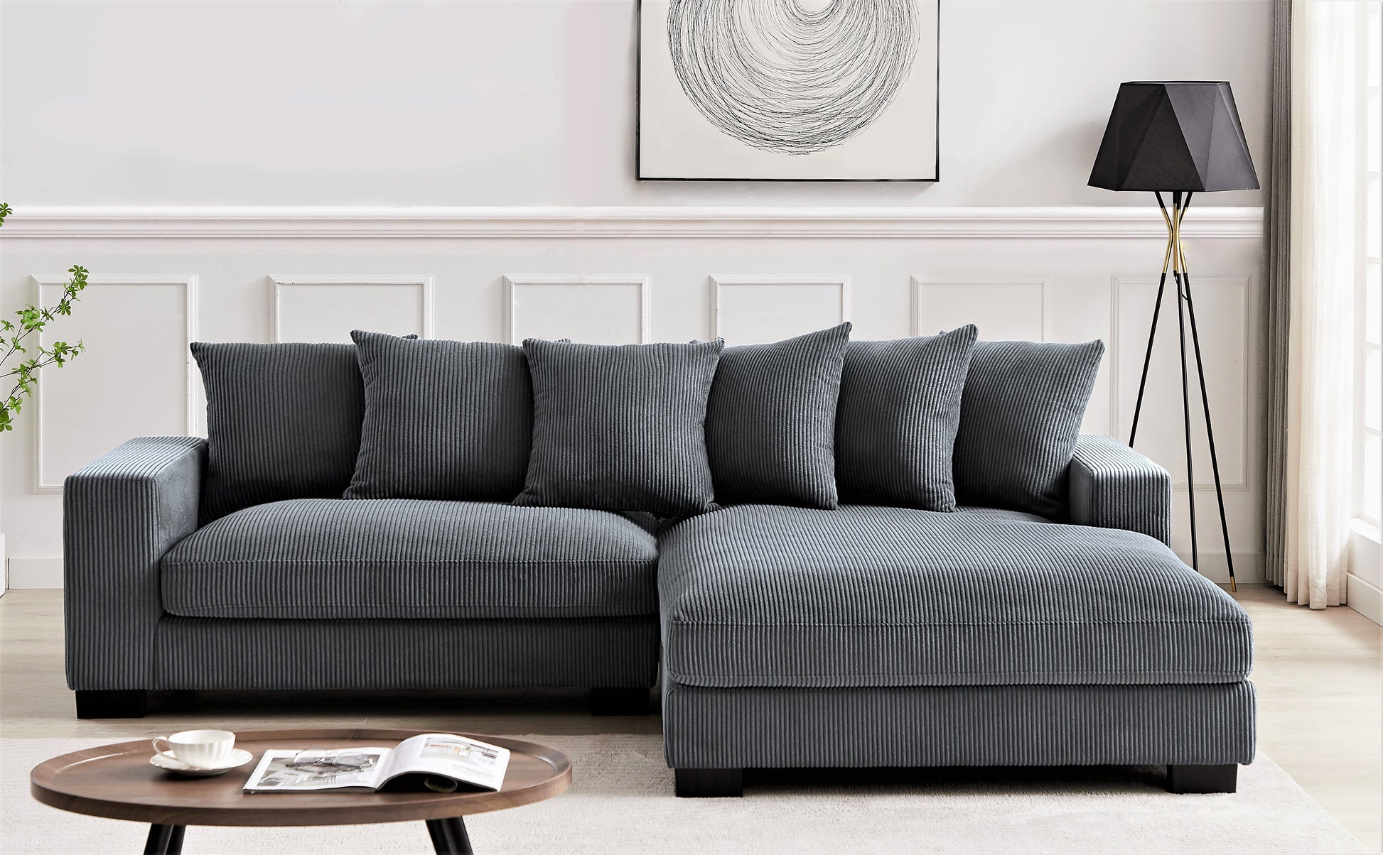 Dark Gray Corduroy L Shaped Sectional Sofa - 4 Seats