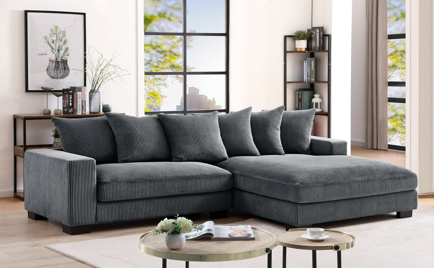 Dark Gray Corduroy L Shaped Sectional Sofa - 4 Seats