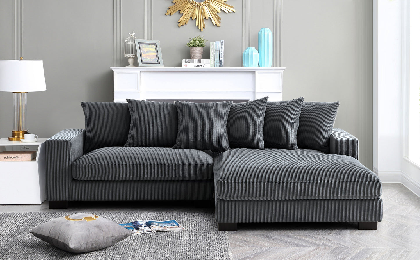 Dark Gray Corduroy L Shaped Sectional Sofa - 4 Seats
