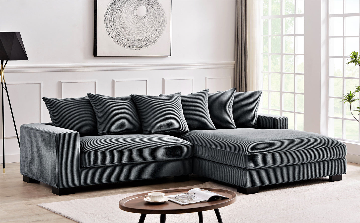 Dark Gray Corduroy L Shaped Sectional Sofa - 4 Seats