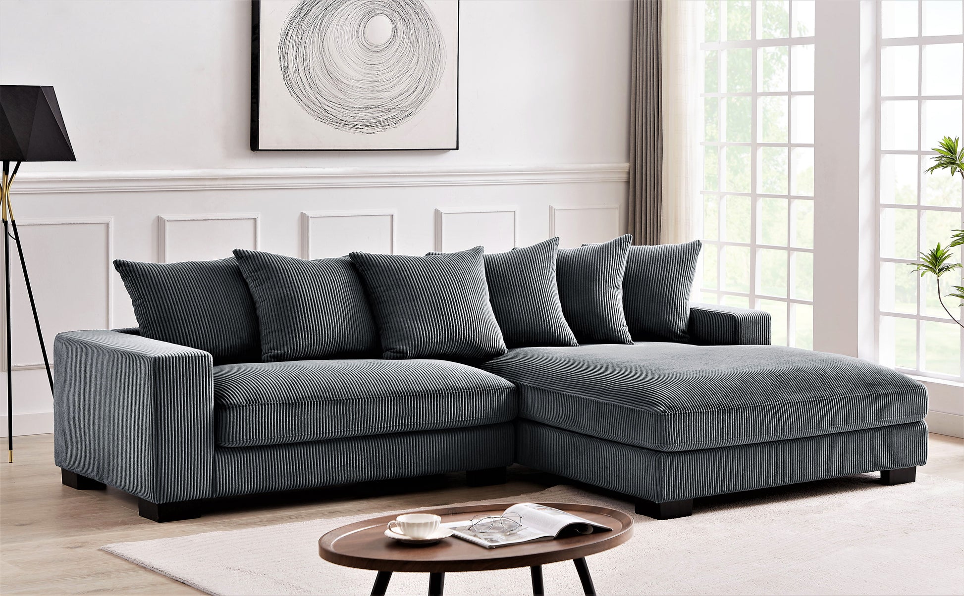 Dark Gray Corduroy L Shaped Sectional Sofa - 4 Seats
