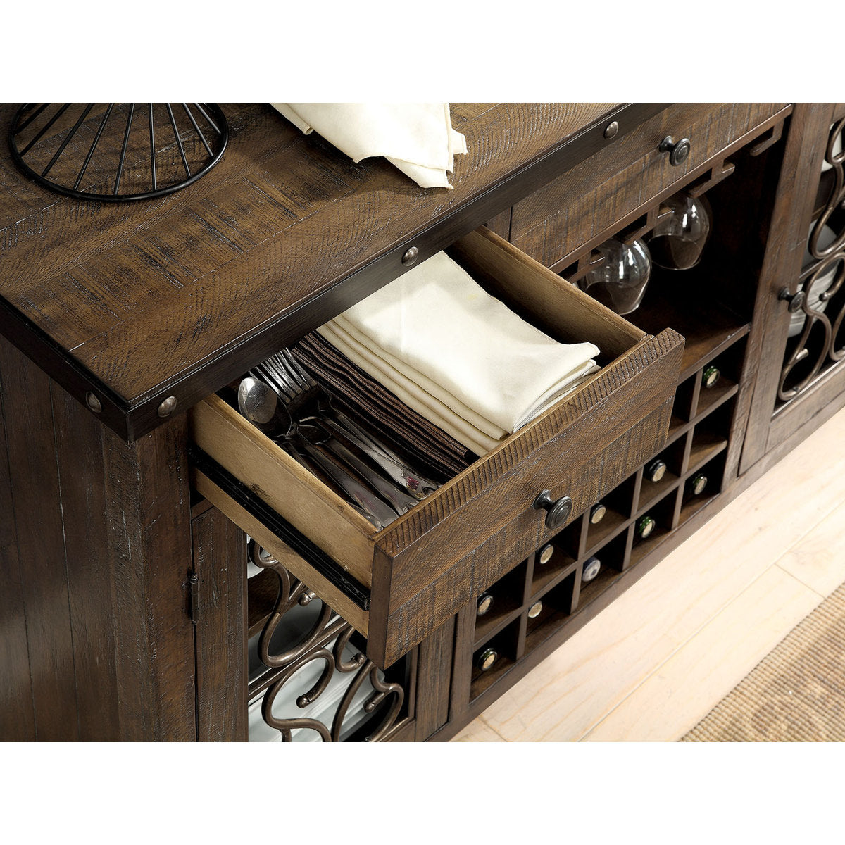 Rustic Walnut 1pc Server Solidwood Metal Functional Storage Drawers Server Scroll