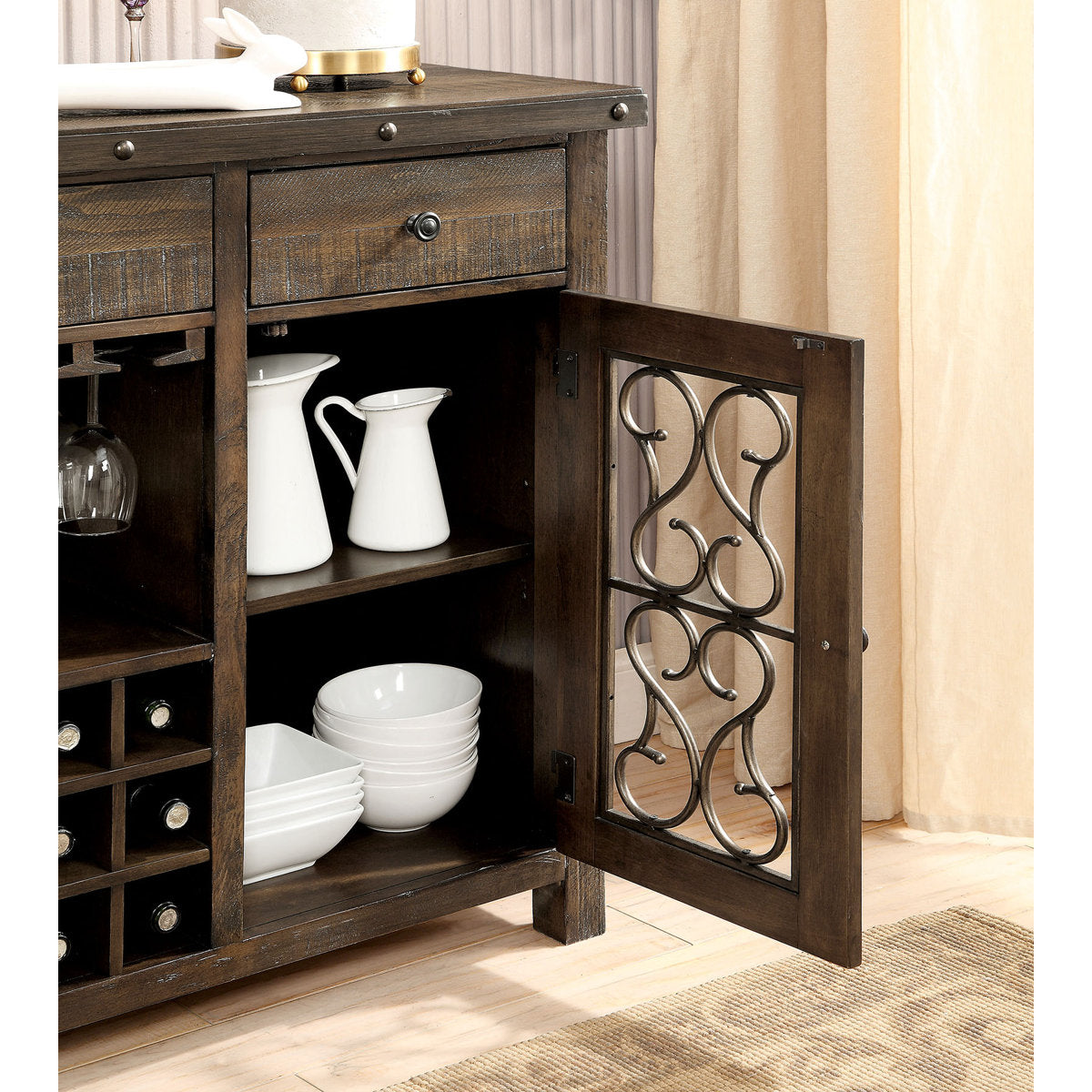 Rustic Walnut 1pc Server Solidwood Metal Functional Storage Drawers Server Scroll