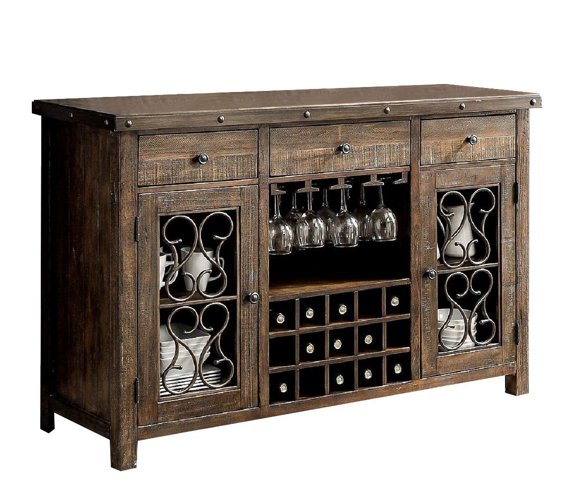 Rustic Walnut 1pc Server Solidwood Metal Functional Storage Drawers Server Scroll