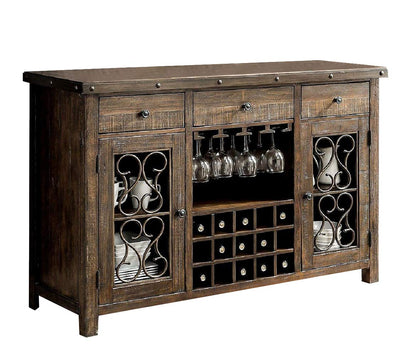 Rustic Walnut 1pc Server Solidwood Metal Functional Storage Drawers Server Scroll